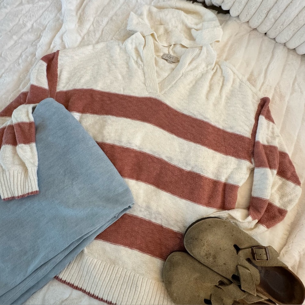LOFT Cream and Rust Striped Hooded Sweater